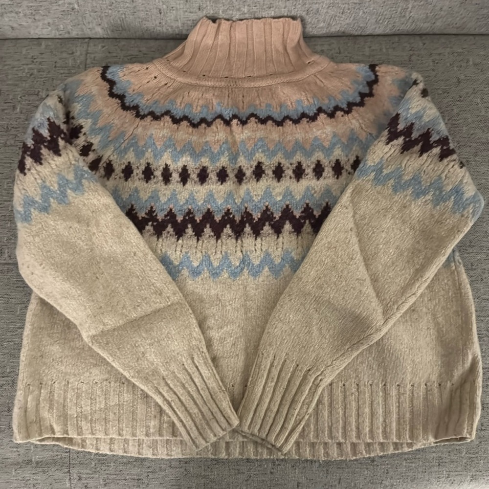 Rebecca Taylor Fair Isle Pink Cropped Turtleneck Sweater Sz S